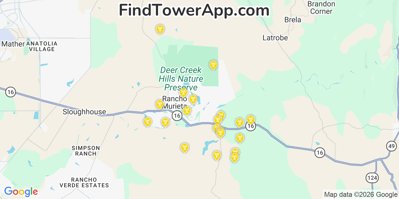 Map showing the 20 primary cell tower locations detected in Rancho Murieta, California from AT&T, Verizon, and T-Mobile networks