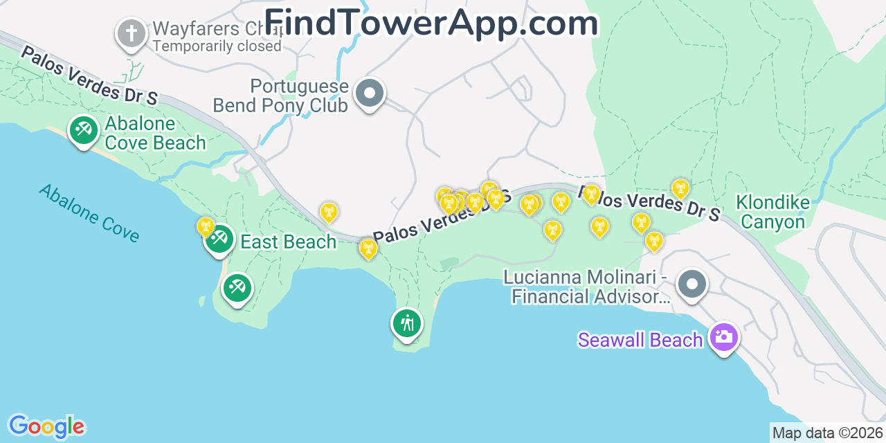 Map showing the 20 primary cell tower locations detected in Rancho Palos Verdes, California from AT&T, Verizon, and T-Mobile networks