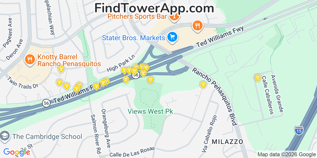 Map showing the 20 primary cell tower locations detected in Rancho Penasquitos, California from AT&T, Verizon, and T-Mobile networks