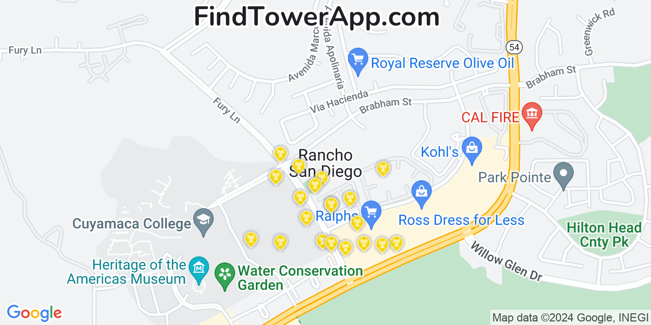 AT&T 4G/5G cell tower coverage map Rancho San Diego, California