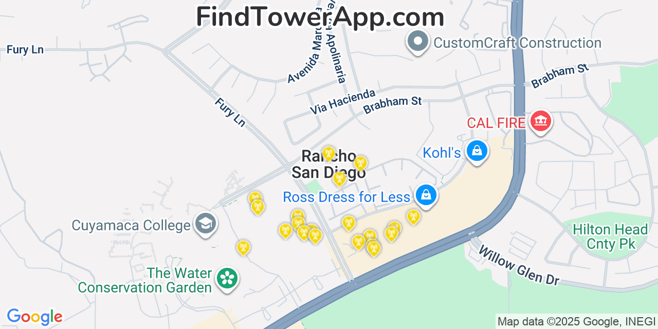 Map showing the 20 primary cell tower locations detected in Rancho San Diego, California from AT&T, Verizon, and T-Mobile networks