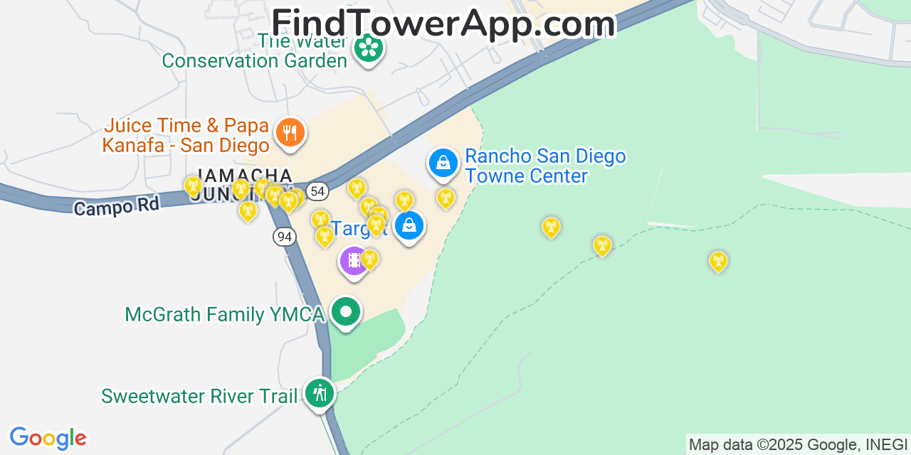 Map showing the 20 primary cell tower locations detected in Rancho San Diego, California from AT&T, Verizon, and T-Mobile networks