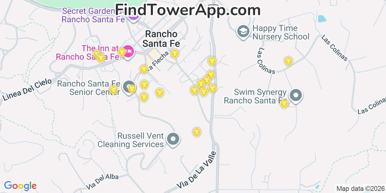 Map showing the 20 primary cell tower locations detected in Rancho Santa Fe, California from AT&T, Verizon, and T-Mobile networks