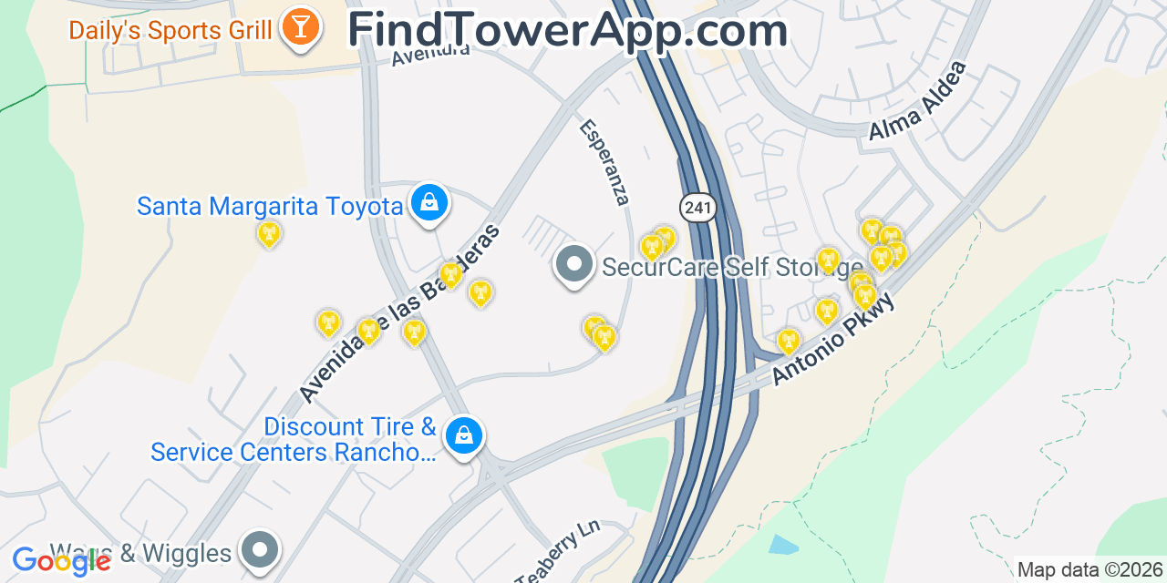 Map showing the 20 primary cell tower locations detected in Rancho Santa Margarita, California from AT&T, Verizon, and T-Mobile networks