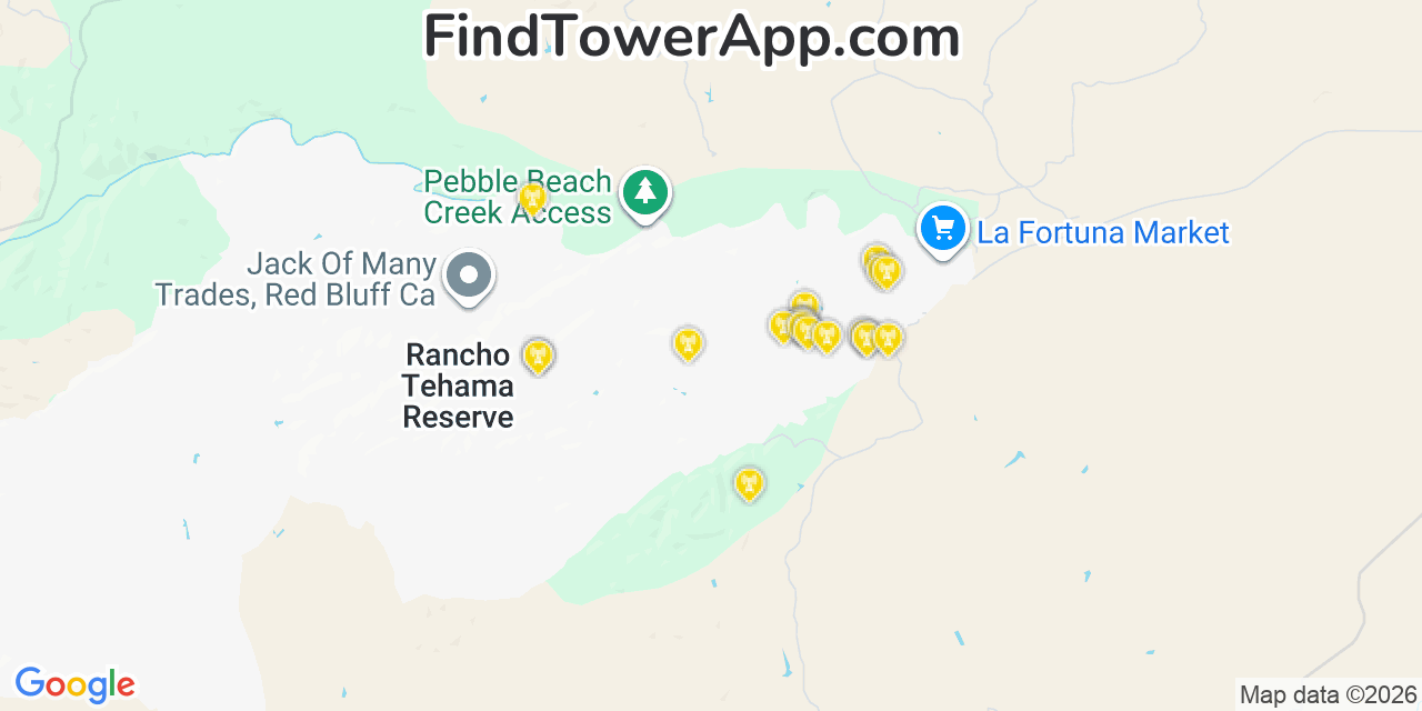 Map showing the 20 primary cell tower locations detected in Rancho Tehama Reserve, California from AT&T, Verizon, and T-Mobile networks