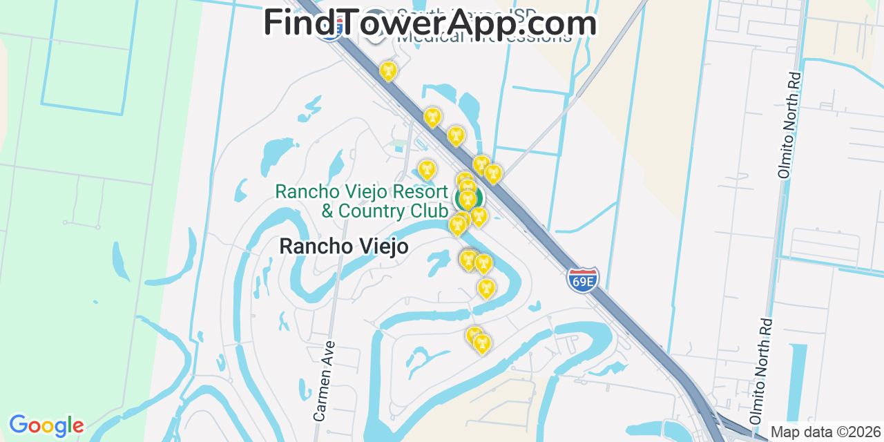 Map showing the 20 primary cell tower locations detected in Rancho Viejo, Texas from AT&T, Verizon, and T-Mobile networks