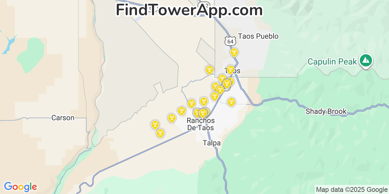 Map showing the 22 primary AT&T cell tower locations detected in Ranchos De Taos, New Mexico with coverage radius and signal strength indicators