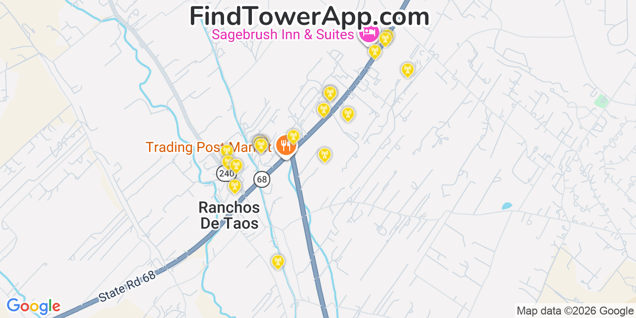 Map showing the 20 primary cell tower locations detected in Ranchos De Taos, New Mexico from AT&T, Verizon, and T-Mobile networks