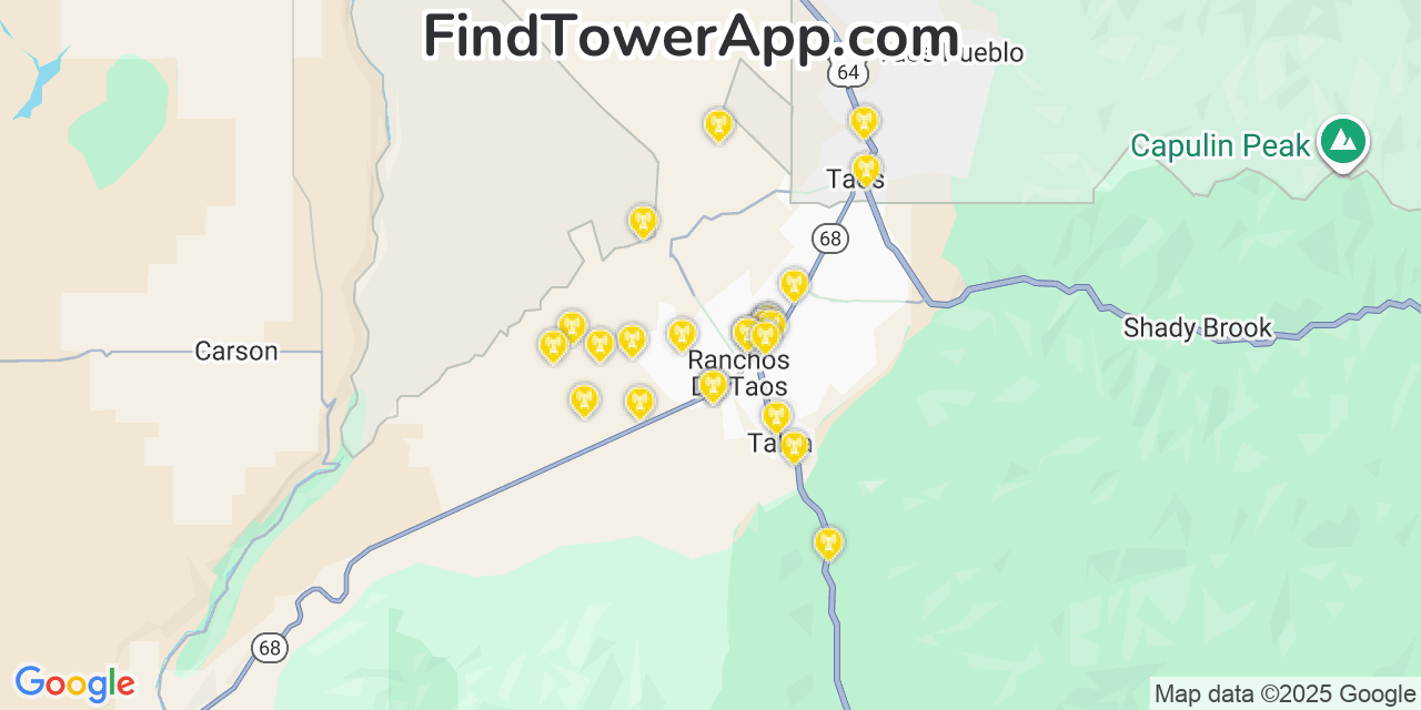 Map showing the 27 primary T-Mobile cell tower locations detected in Ranchos De Taos, New Mexico with coverage radius and signal strength indicators