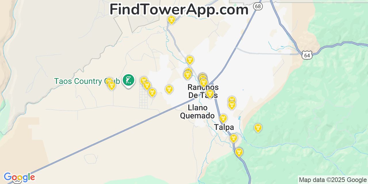 Map showing the 25 primary Verizon cell tower locations detected in Ranchos De Taos, New Mexico with coverage radius and signal strength indicators