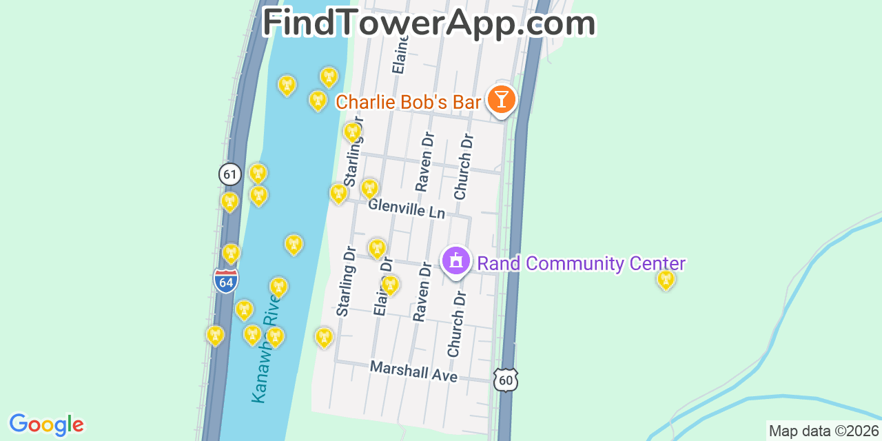 Map showing the 20 primary cell tower locations detected in Rand, West Virginia from AT&T, Verizon, and T-Mobile networks