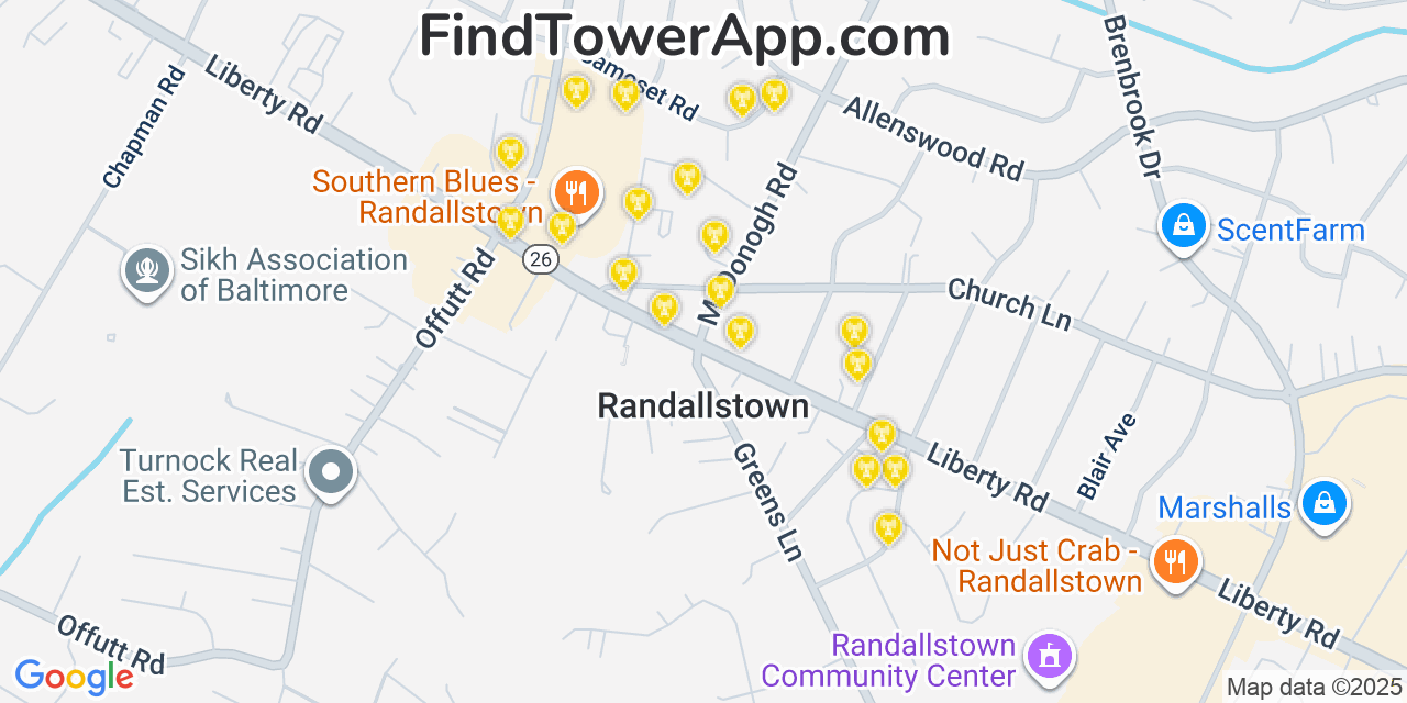 Map showing the 20 primary cell tower locations detected in Randallstown, Maryland from AT&T, Verizon, and T-Mobile networks