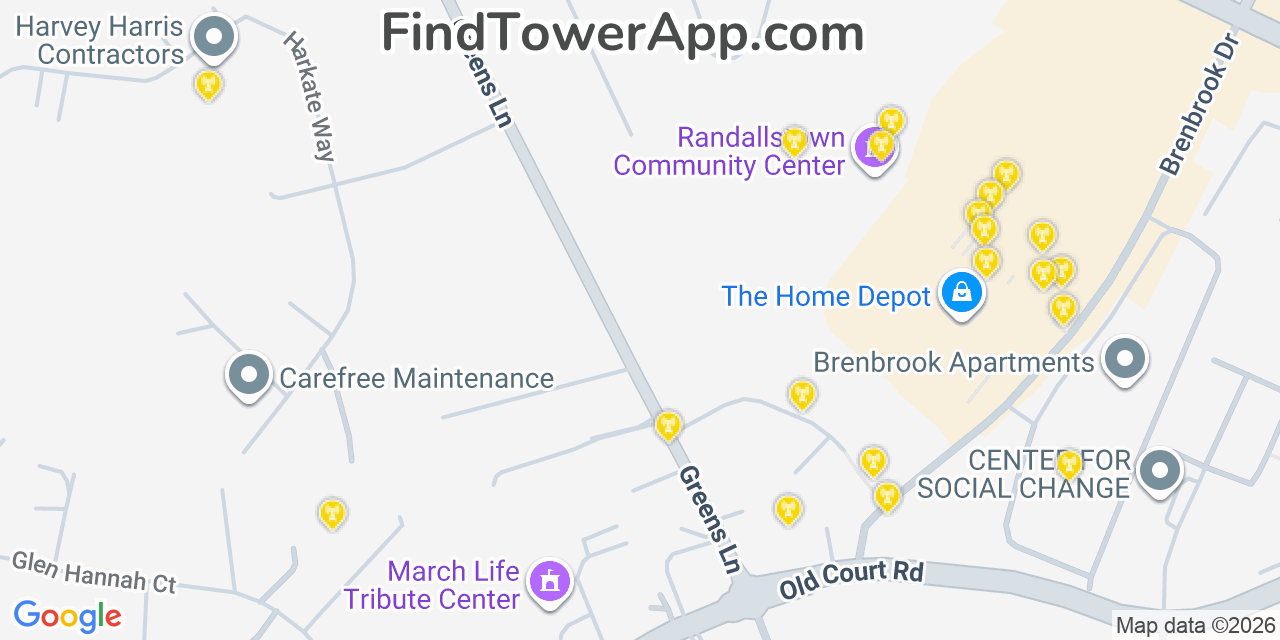 Map showing the 20 primary cell tower locations detected in Randallstown, Maryland from AT&T, Verizon, and T-Mobile networks
