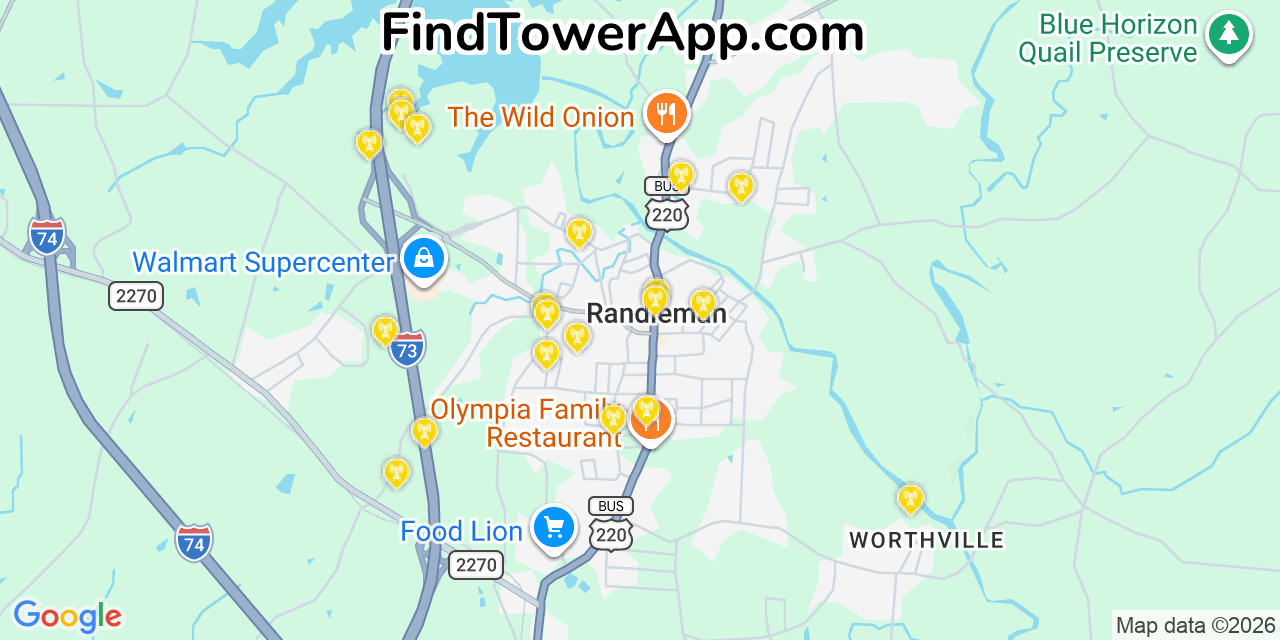 Map showing the 20 primary cell tower locations detected in Randleman, North Carolina from AT&T, Verizon, and T-Mobile networks