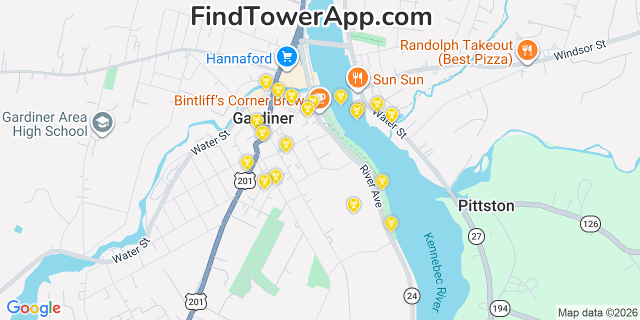 Map showing the 20 primary cell tower locations detected in Randolph, Maine from AT&T, Verizon, and T-Mobile networks