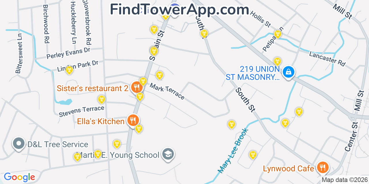 Map showing the 20 primary cell tower locations detected in Randolph, Massachusetts from AT&T, Verizon, and T-Mobile networks