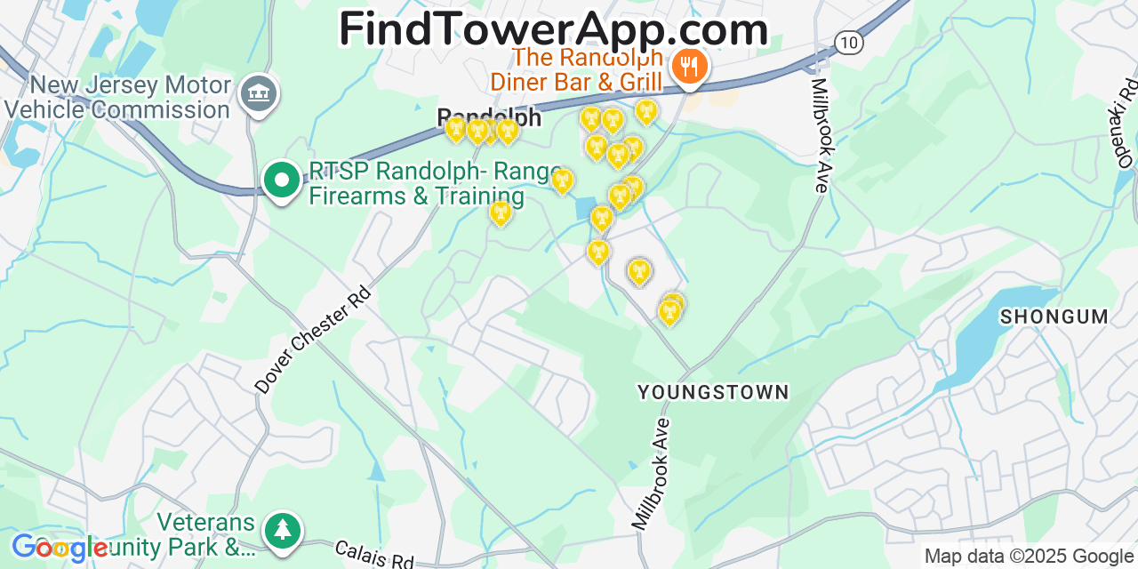 Map showing the 20 primary cell tower locations detected in Randolph, New Jersey from AT&T, Verizon, and T-Mobile networks