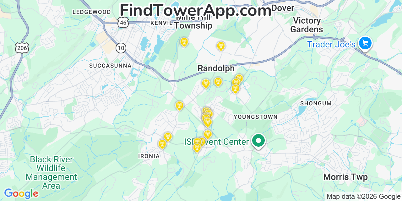 Map showing the 20 primary cell tower locations detected in Randolph, New Jersey from AT&T, Verizon, and T-Mobile networks