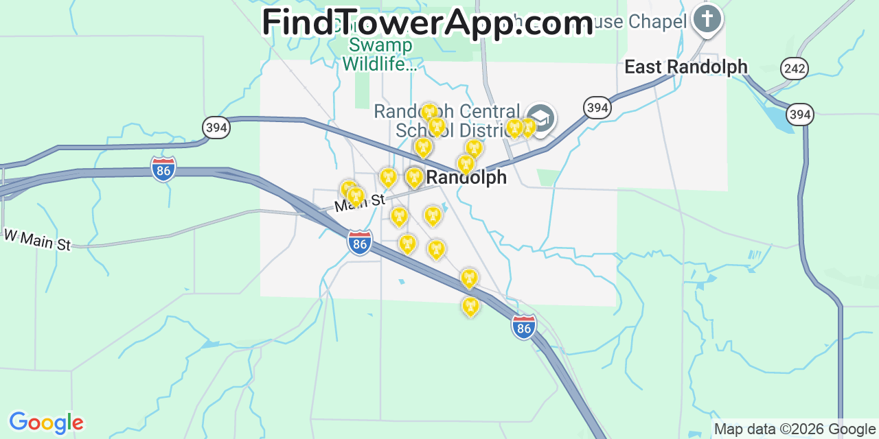 Map showing the 20 primary cell tower locations detected in Randolph, New York from AT&T, Verizon, and T-Mobile networks