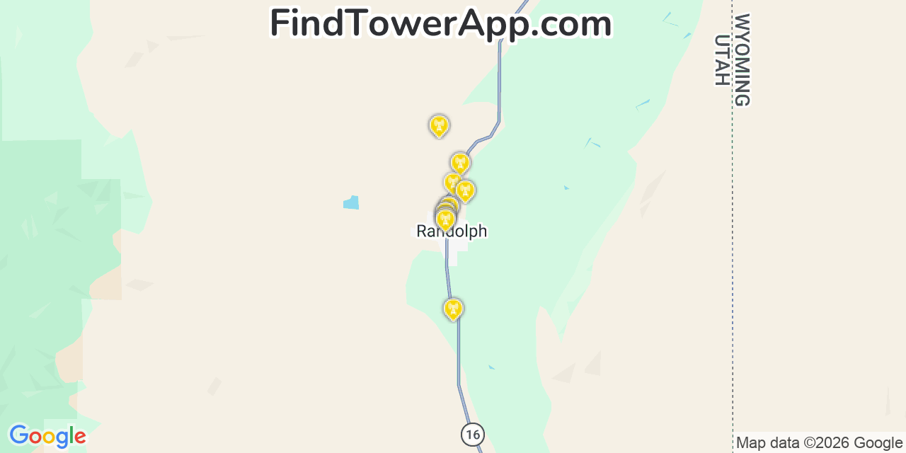 Map showing the 20 primary cell tower locations detected in Randolph, Utah from AT&T, Verizon, and T-Mobile networks