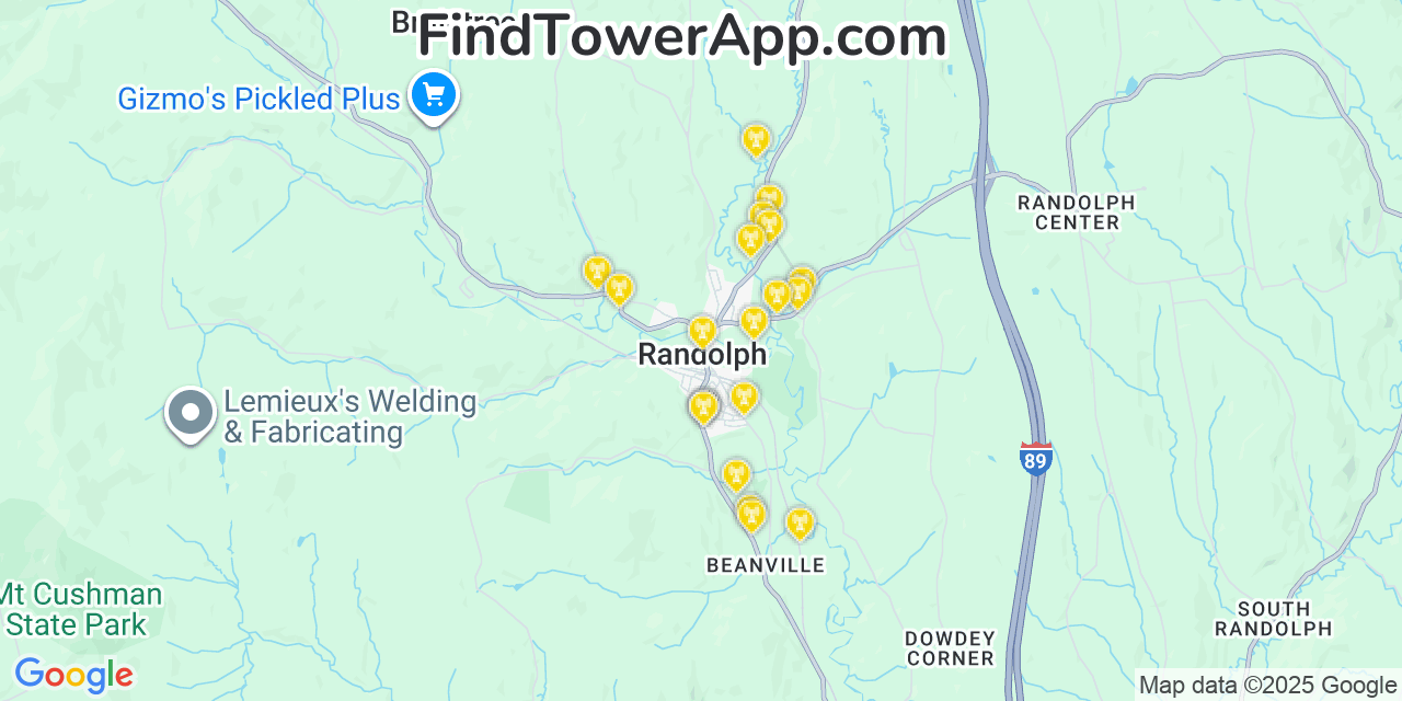 Map showing the 20 primary cell tower locations detected in Randolph, Vermont from AT&T, Verizon, and T-Mobile networks