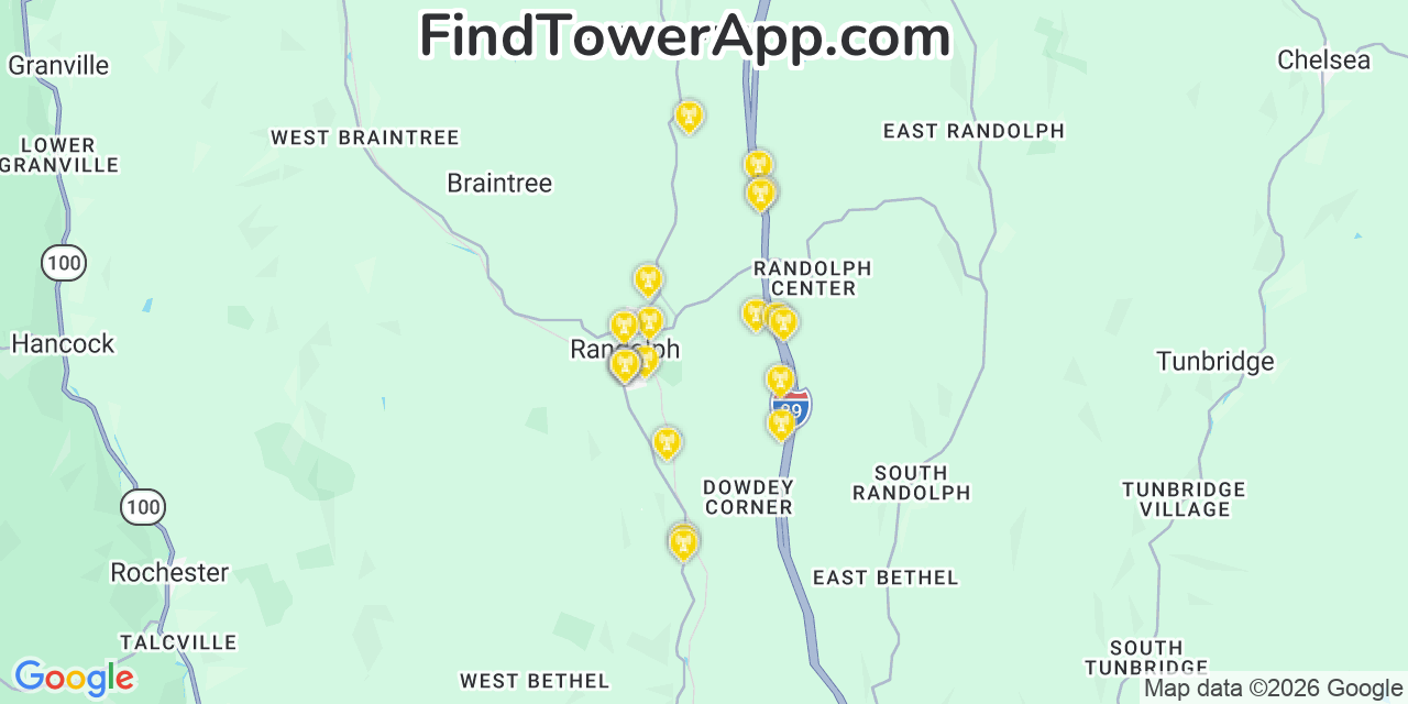 Map showing the 20 primary cell tower locations detected in Randolph, Vermont from AT&T, Verizon, and T-Mobile networks