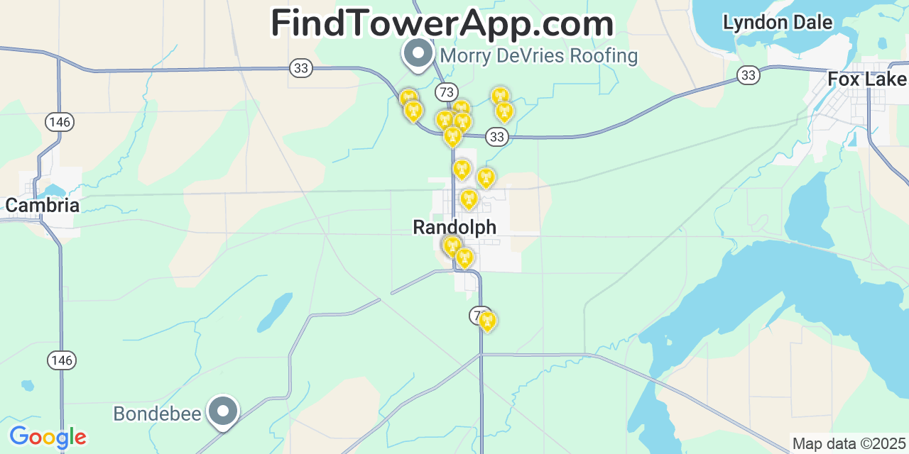 Map showing the 20 primary cell tower locations detected in Randolph, Wisconsin from AT&T, Verizon, and T-Mobile networks