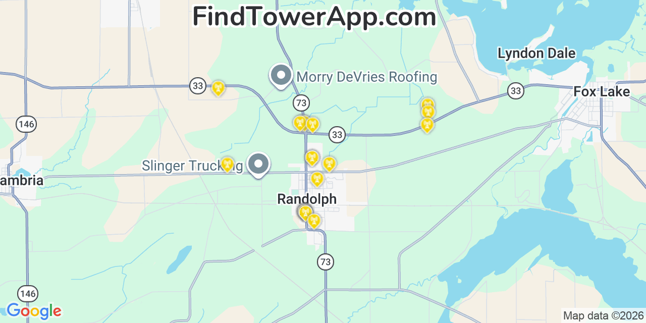 Map showing the 20 primary cell tower locations detected in Randolph, Wisconsin from AT&T, Verizon, and T-Mobile networks