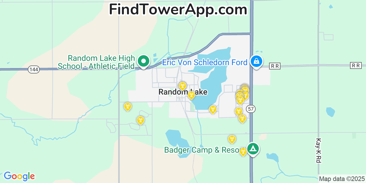 Map showing the 20 primary cell tower locations detected in Random Lake, Wisconsin from AT&T, Verizon, and T-Mobile networks