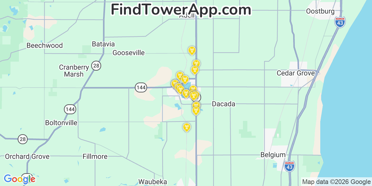 Map showing the 20 primary cell tower locations detected in Random Lake, Wisconsin from AT&T, Verizon, and T-Mobile networks
