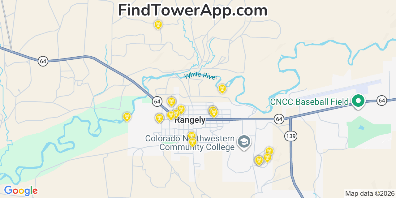 Map showing the 20 primary cell tower locations detected in Rangely, Colorado from AT&T, Verizon, and T-Mobile networks