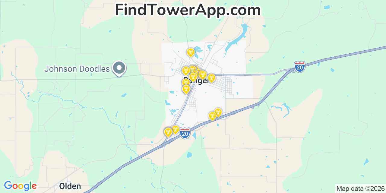 Map showing the 20 primary cell tower locations detected in Ranger, Texas from AT&T, Verizon, and T-Mobile networks
