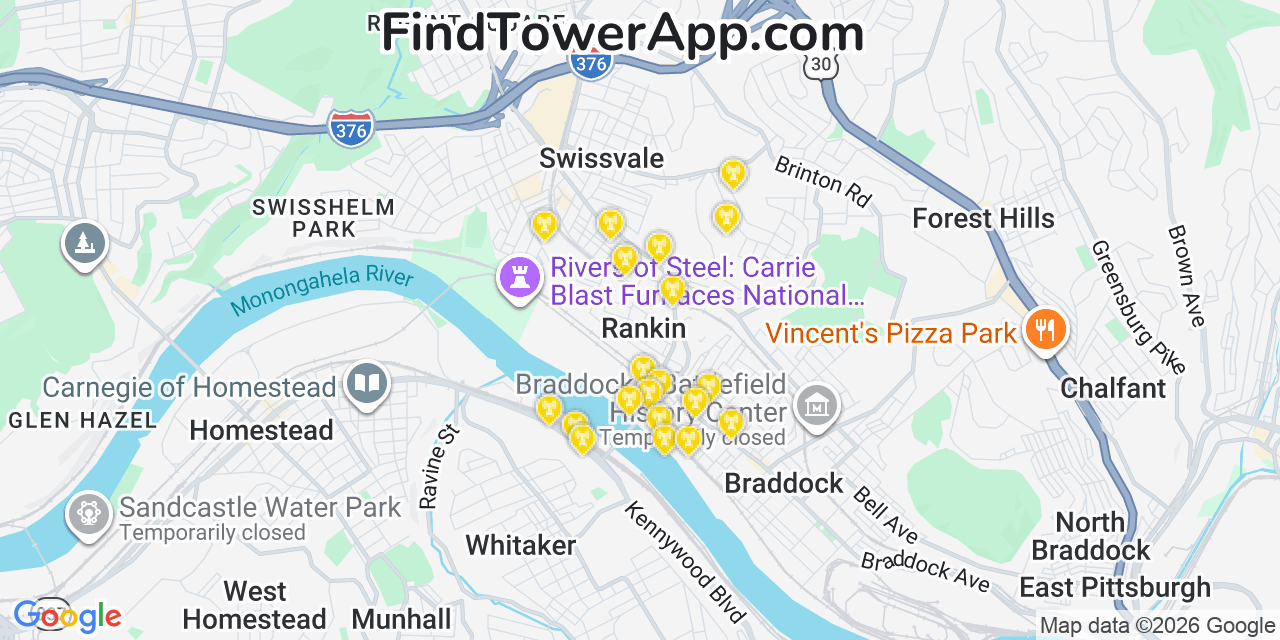 Map showing the 20 primary cell tower locations detected in Rankin, Pennsylvania from AT&T, Verizon, and T-Mobile networks