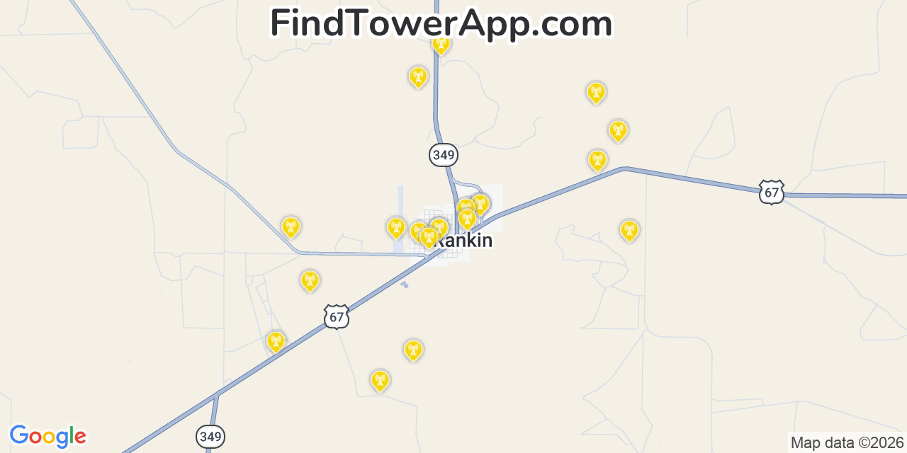 Map showing the 20 primary cell tower locations detected in Rankin, Texas from AT&T, Verizon, and T-Mobile networks