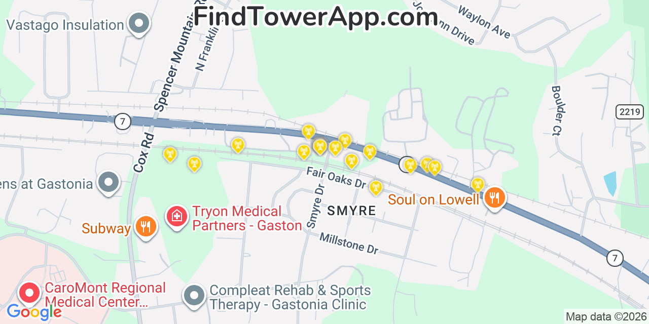 Map showing the 20 primary cell tower locations detected in Ranlo, North Carolina from AT&T, Verizon, and T-Mobile networks