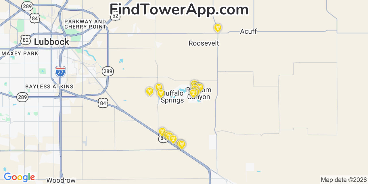 Map showing the 20 primary cell tower locations detected in Ransom Canyon, Texas from AT&T, Verizon, and T-Mobile networks