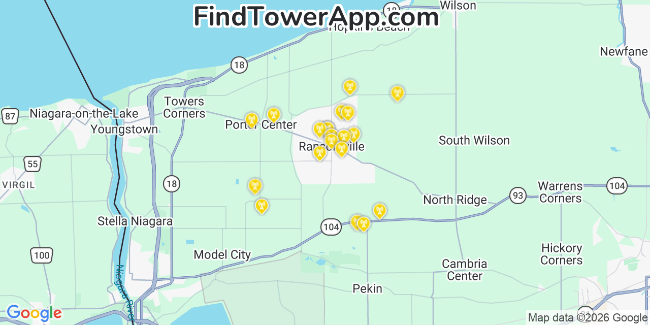 Map showing the 20 primary cell tower locations detected in Ransomville, New York from AT&T, Verizon, and T-Mobile networks
