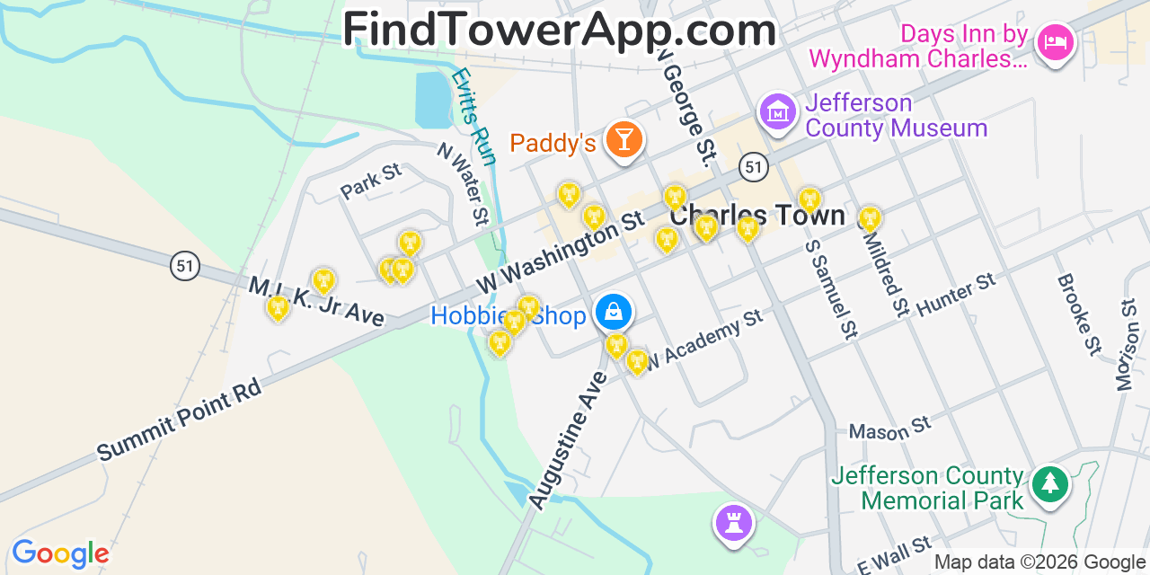 Map showing the 20 primary cell tower locations detected in Ranson, West Virginia from AT&T, Verizon, and T-Mobile networks