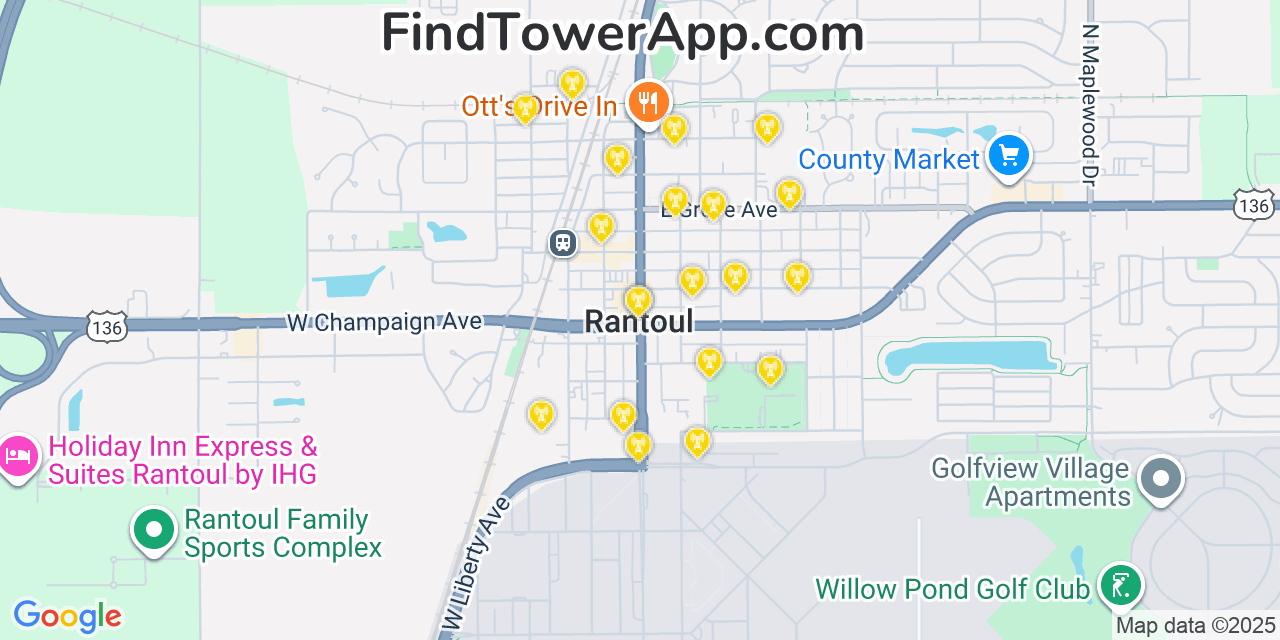 Map showing the 20 primary cell tower locations detected in Rantoul, Illinois from AT&T, Verizon, and T-Mobile networks