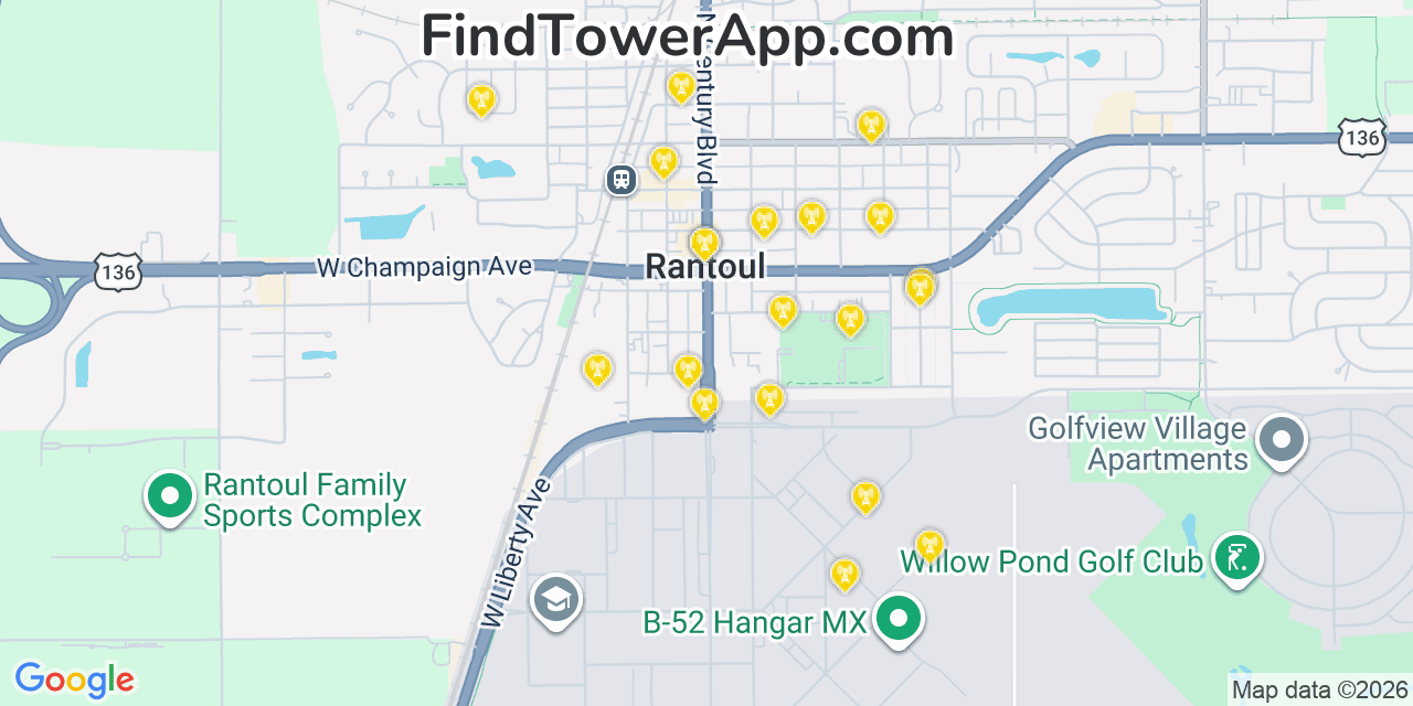 Map showing the 20 primary cell tower locations detected in Rantoul, Illinois from AT&T, Verizon, and T-Mobile networks