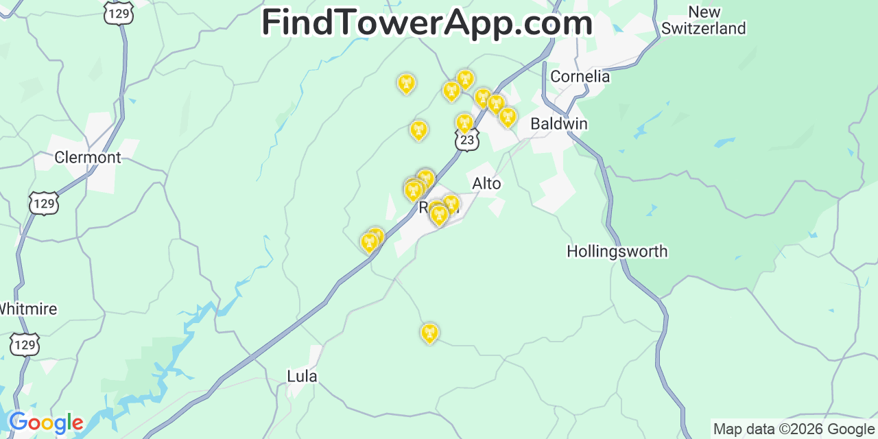 Map showing the 20 primary cell tower locations detected in Raoul, Georgia from AT&T, Verizon, and T-Mobile networks