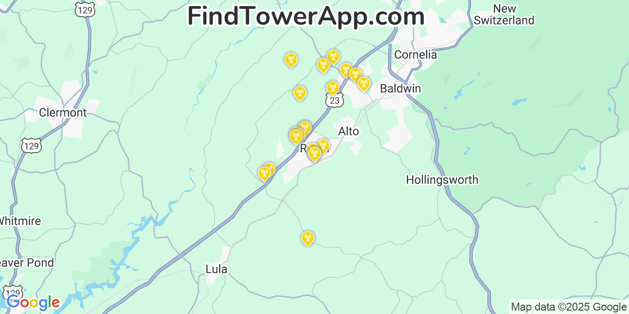 Map showing the 20 primary Mobitel cell tower locations detected in Raoul, Georgia with coverage radius and signal strength indicators
