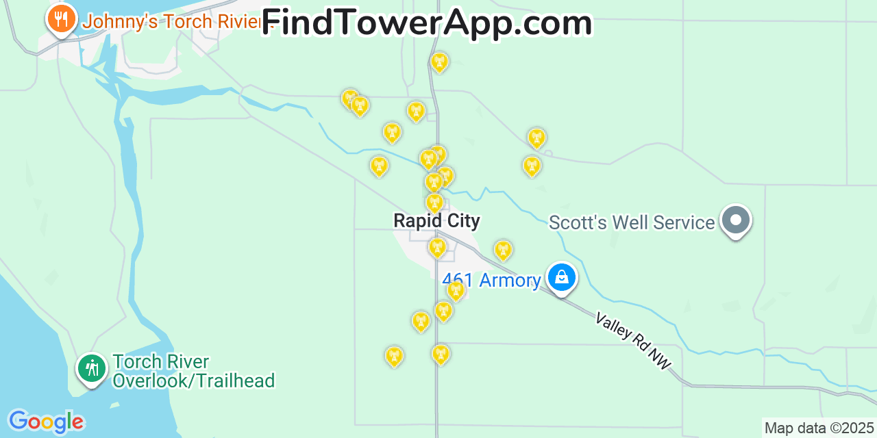 Map showing the 20 primary cell tower locations detected in Rapid City, Michigan from AT&T, Verizon, and T-Mobile networks