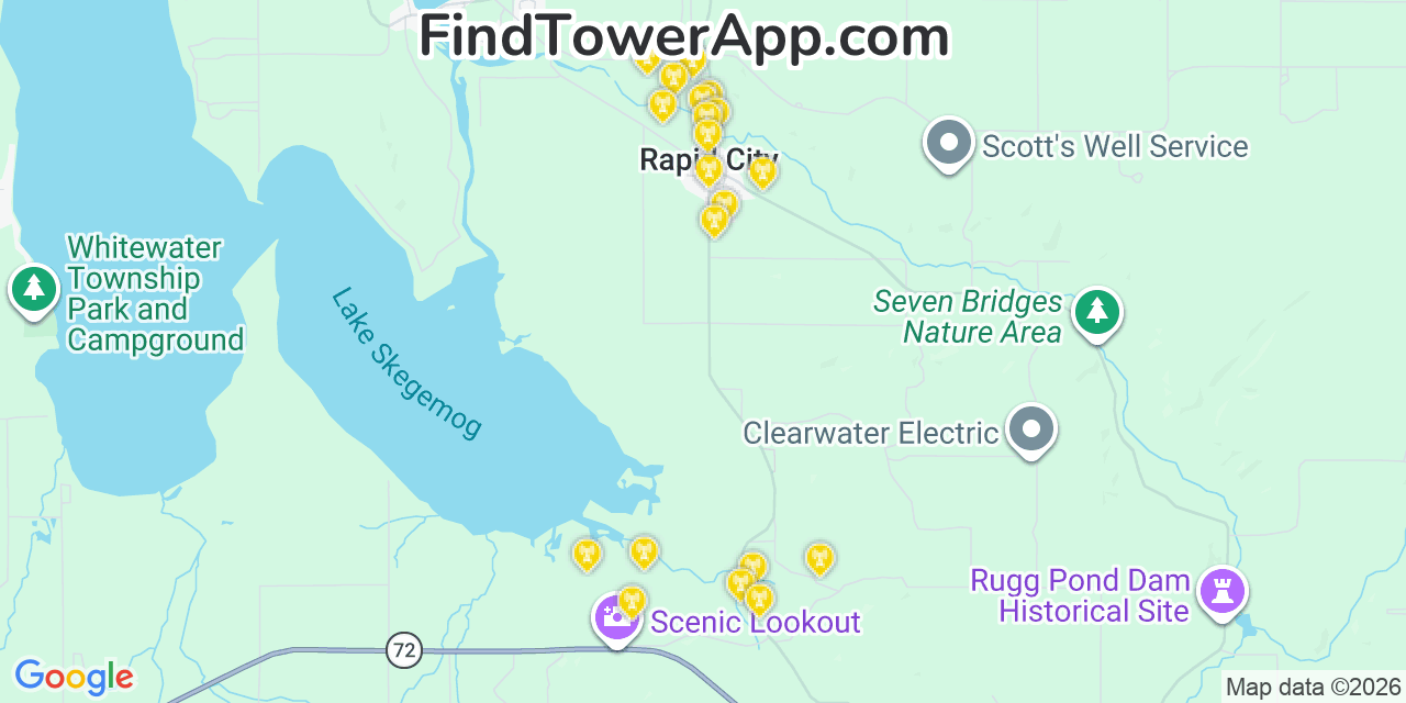 Map showing the 20 primary cell tower locations detected in Rapid City, Michigan from AT&T, Verizon, and T-Mobile networks