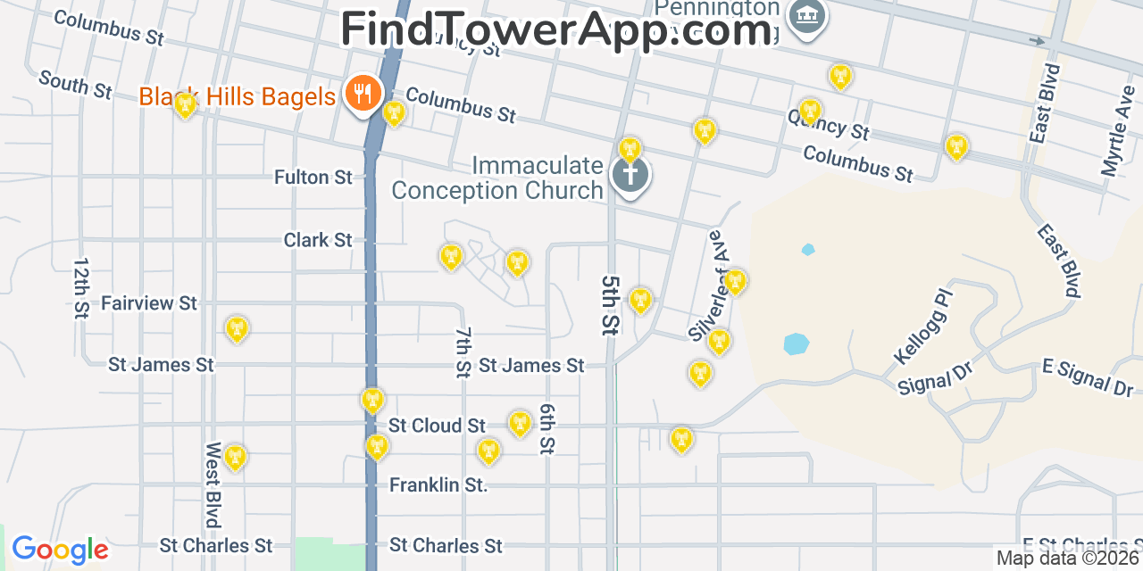 Map showing the 20 primary cell tower locations detected in Rapid City, South Dakota from AT&T, Verizon, and T-Mobile networks