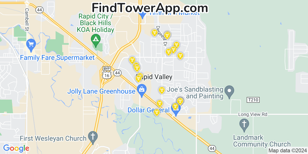 AT&T 4G/5G cell tower coverage map Rapid Valley, South Dakota