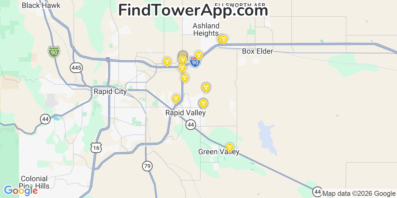 Map showing the 20 primary cell tower locations detected in Rapid Valley, South Dakota from AT&T, Verizon, and T-Mobile networks