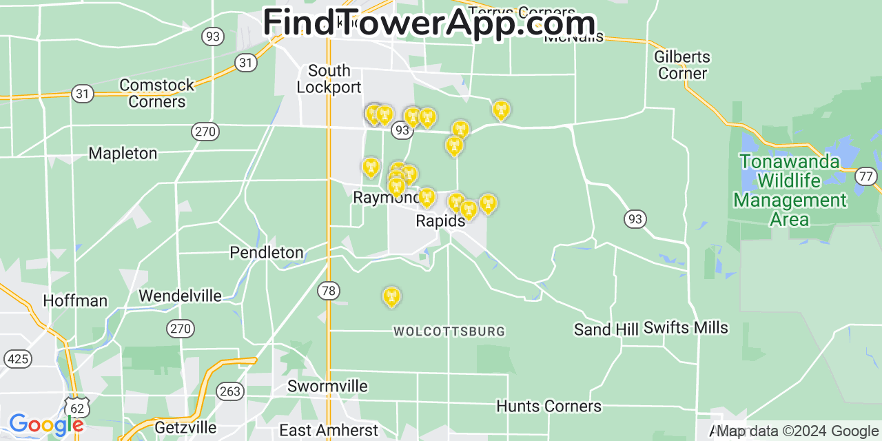 AT&T 4G/5G cell tower coverage map Rapids, New York