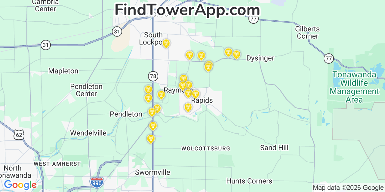 Map showing the 20 primary cell tower locations detected in Rapids, New York from AT&T, Verizon, and T-Mobile networks