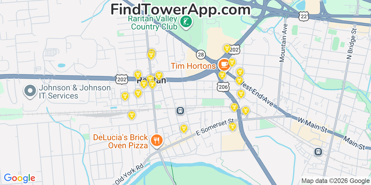 Map showing the 20 primary cell tower locations detected in Raritan, New Jersey from AT&T, Verizon, and T-Mobile networks